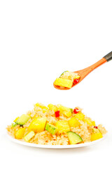 Pineapple Fried Rice with Wooden Spoon on White Background
