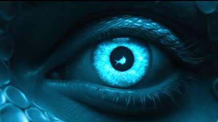 A 4k close-up captures a striking, piercing blue siren eye with intricate details, reflecting a small fish, set against a textured reptilian skin backdrop.