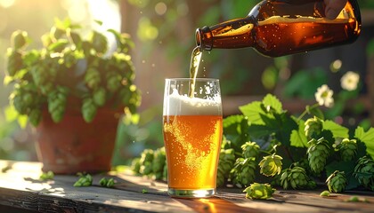 Refreshing Beer Pouring into Glass.