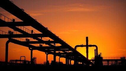 Abstract industrial silhouette against a sunset sky, featuring geometric pipe structures in artistic patterns.