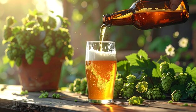 Refreshing Beer Pouring into Glass.