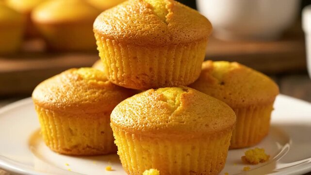 Golden Cornbread Muffins Stacked on a White Plate, Perfect for Holiday Side Dishes and Celebratory Feasts, Warm Lighting, Delicious Dessert
