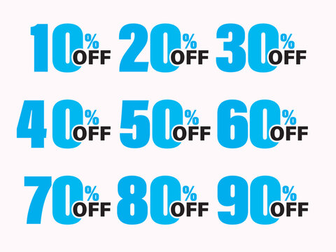 Set of blue bold discount percentages isolated on white background, featuring 10 to 90 off for sales and promotional offers