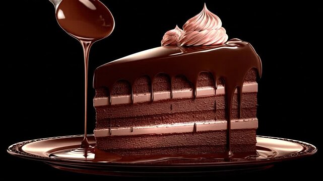 Delicious chocolate cake slice with cream and dripping sauce on black
