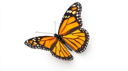 Fototapeta premium Monarch Butterfly on White Backdrop - A beautiful monarch butterfly with vibrant orange and black wings, isolated on a white background. Symbolizes transformation, hope, freedom, beauty, and nature