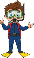 Cheerful cartoon boy in scuba gear giving thumbs up, pointing excitedly — perfect for underwater adventure, kids’ travel, marine education, or summer activity stock content