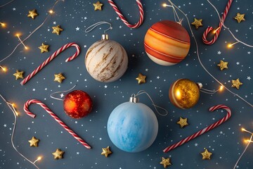 Surreal Christmas Baubles as Planets with Candy Canes Orbiting on Starry Background