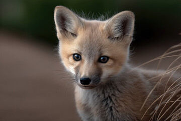 Fototapeta premium Baby fox with clean fur and bright eyes stands outdoors, soft brown background, natural light, adorable and curious expression