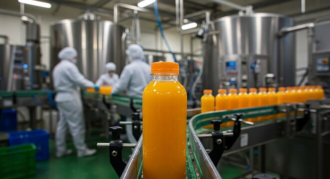 Orange juice bottles on conveyor belt in a modern food processing factory
