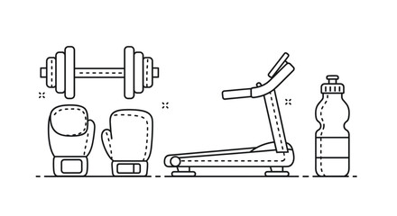 Fototapeta premium Gym equipment vector illustration featuring dumbbell boxing gloves treadmill and water bottle workout fitness