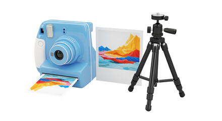 Blue instant camera with tripod and prints