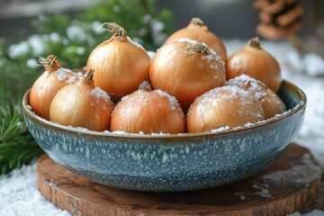 Bowl of onions covered in snow.