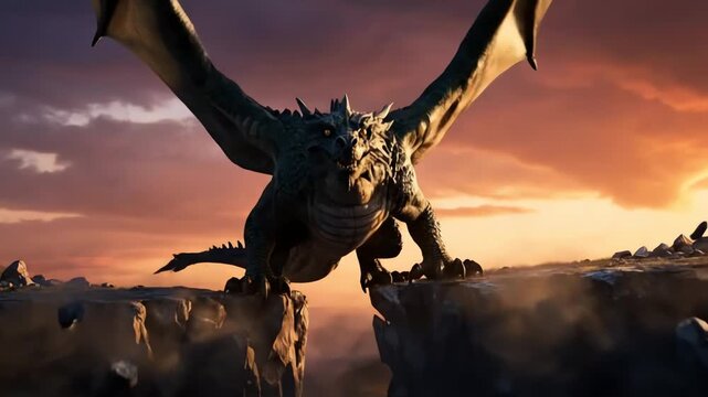 A 4k cinematic image showcases a large dragon soaring over rocky cliffs at sunset, its wings spread wide against the colorful sky, a majestic and powerful creature.