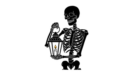 Silhouette skeleton holds a candle lantern ribs skull bones visible