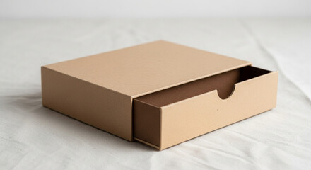 Minimalist Brown Cardboard Slide Box Packaging for Product Presentation and Storage on White Fabric