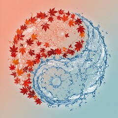 A Yin Yang created from a whirlwind of red autumn leaves (fire element) and a cascade of bubbling, clear water (water element)