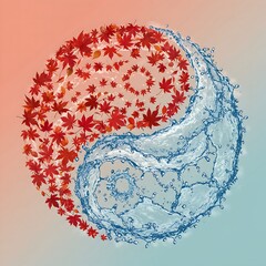 A Yin Yang created from a whirlwind of red autumn leaves (fire element) and a cascade of bubbling, clear water (water element)
