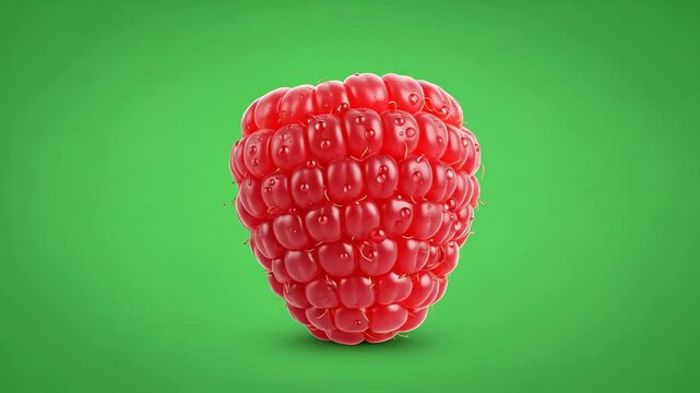 A single ripe raspberry with water droplets on its surface, isolated on a vibrant green background