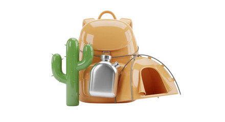 Camping gear with tent, backpack, and cactus