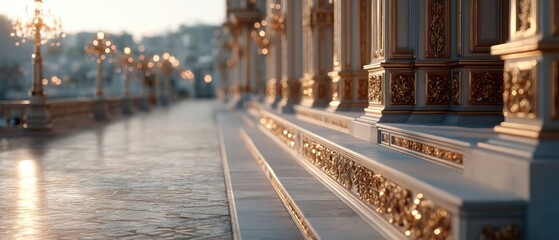 Close Up of Ornate Golden Temple Exterior in Thailand with Warm Lighting and Detailed Architectural Elements