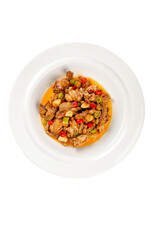 Spicy Beef Stir Fry with Vegetables and Nuts in White Bowl Asian Cuisine Dish