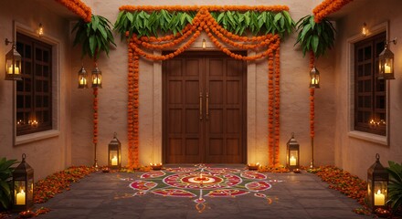 Festive entryway with rangoli marigold garlands lanterns and a wooden door creating a warm celebratory ambiance