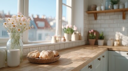 Close Up of Modern Minimal Kitchen Interior with Rustic Wood Countertop and Floral Decor