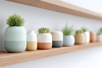Close Up Of Modern Minimalist Wooden Shelf With Potted Plants Against White Wall