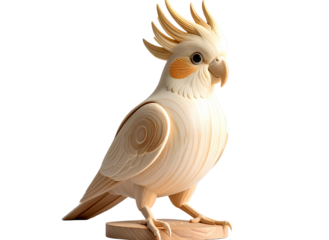 Minimalist Modern Wooden Cockatiel Sculpture with Smooth Curves, Front View, Isolated