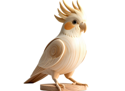 Minimalist Modern Wooden Cockatiel Sculpture with Smooth Curves, Front View, Isolated