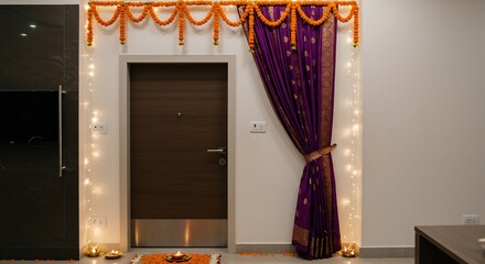 Festively decorated doorway with marigolds string lights and a purple patterned curtain