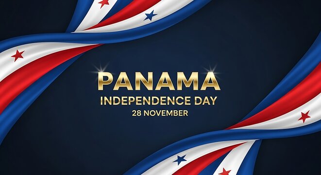 Panama Independence Day Celebration with Waving Flag Ribbons and Golden Text