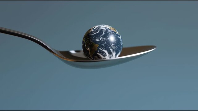 Tiny planet earth spoon balancing with reflective metal and soft blue background, surreal miniature globe conveying fragility and care conceptual composition tiny planet earth balanced metal spoon