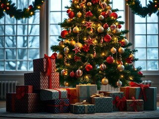 cozy festive christmas scene featuring decorated christmas tree with red gold and white ornaments beside large window with snowy winter view and christmas wreath perfect for holiday marketing