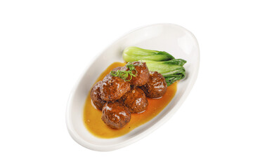 Chinese Lion's Head Meatballs with Braised Bok Choy in Brown Sauce Traditional Asian Cuisine Dish