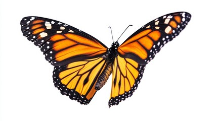 Fototapeta premium Stunning Monarch Butterfly Isolated on White - Monarch butterfly on a white background symbolizes transformation, beauty, nature, and freedom.