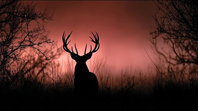 Silhouette of a deer with large antlers against a dramatic crimson sky