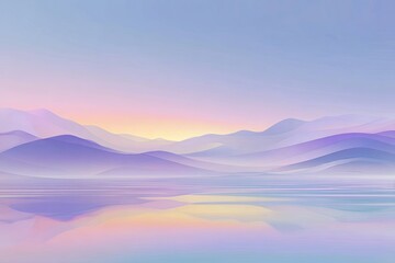 Fototapeta premium Pastel sunrise over a calm lake reflecting a range of soft purple and pink hazy mountains