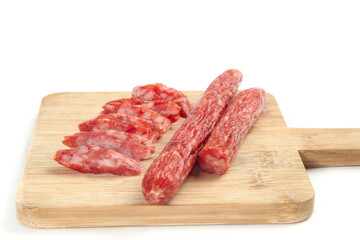 Air-dried Canton Sweet Sausage Sliced on Wooden Board - Traditional Chinese Cured Meat