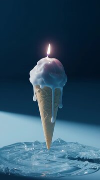 Melting candle ice cream cone with flame surreal dessert concept dripping wax forming pool wax drip puddle single cone blue background moody studio lighting paradoxical still life creative food art