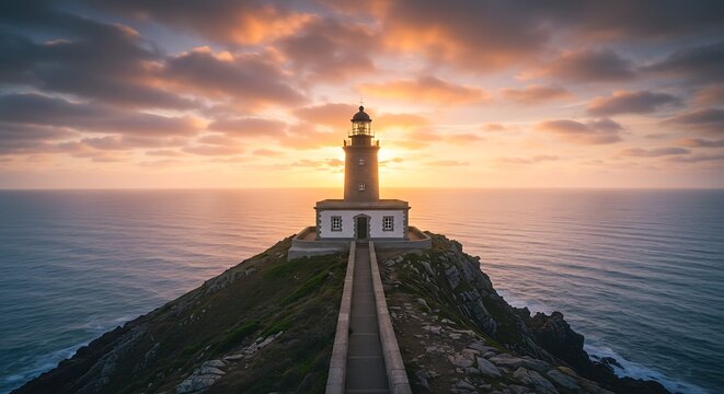 Lighthouse on hilltop illuminated at sunset over ocean - Powered by Adobe