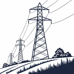 Three tall metal power line towers stand in a row across a grassy landscape under a white sky