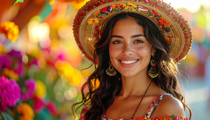 A beautiful, smiling woman wearing a colorful straw sombrero and festive earrings, with a vibrant, blurred background of flowers and decorations, evoking a lively cultural celebration.