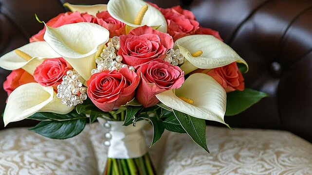 Bridal bouquet features coral roses and cream calla lilies with pearl and crystal details for romantic sophisticated wedding styling floral arrangement event decor concept