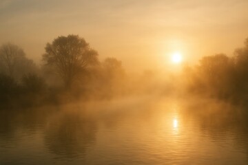 Fototapeta premium A serene river scene at sunrise, bathed in a soft, golden glow, evokes a sense of peace and tranquility. The mist rising from the water and the sun's reflection create a dreamlike atmosphere.