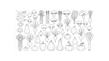 Illustration of various vegetables including mushrooms, squash, asparagus, and root vegetables in black and white