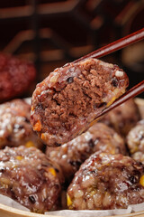 Traditional Shandong Sticky Rice Bean Buns Chinese Snacks with Chopsticks Close-up