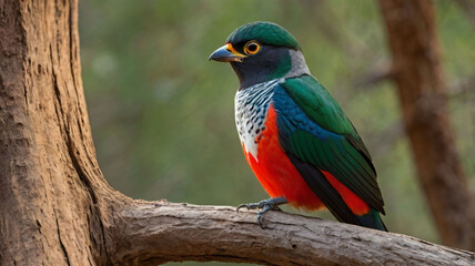Obraz premium Elegant Trogon Perched in Sun-Dappled Canyon Ai 