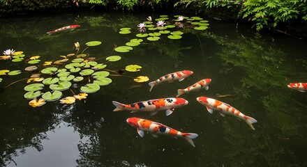 Colorful koi fish swimming in a tranquil pond with lily pads