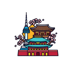 Fototapeta premium Stylized seoul landmarks including n seoul tower and traditional korean palaces with cherry blossoms, representing korean culture and tourism